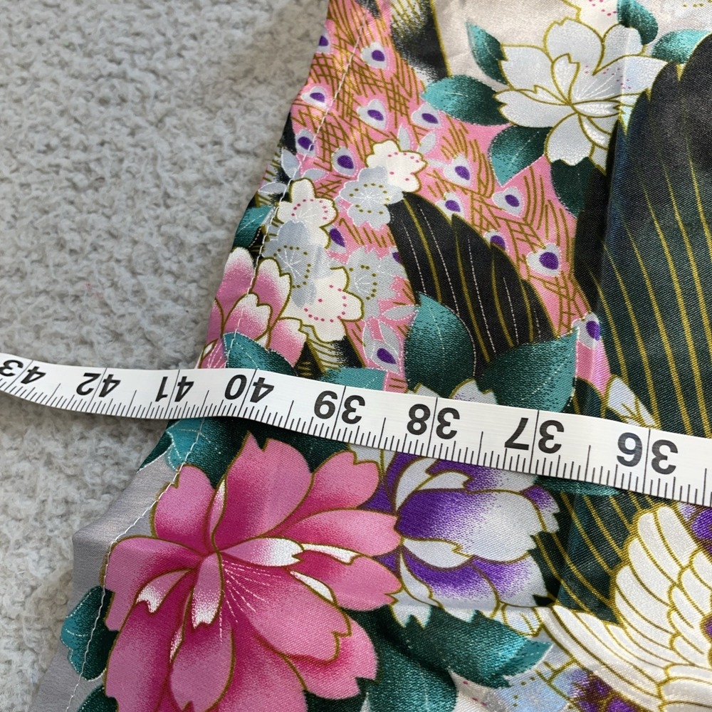 Womens Kimono Wrap Tie Robe One Size Silky Silver Gray Peacock Blossoms Lounge - Picture 8 of 9